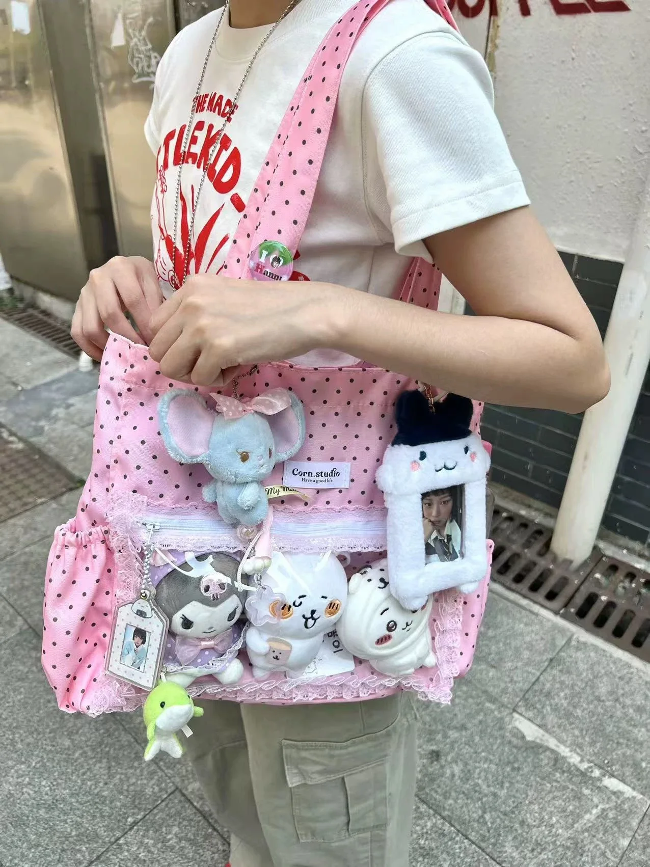 Neue süße Hand Ulzzang Y2k Ita Tasche für Mädchen große Kapazität modische Polka Dot Canvas Umhängetasche lässig Pendeln Einkaufstasche – Detail 5