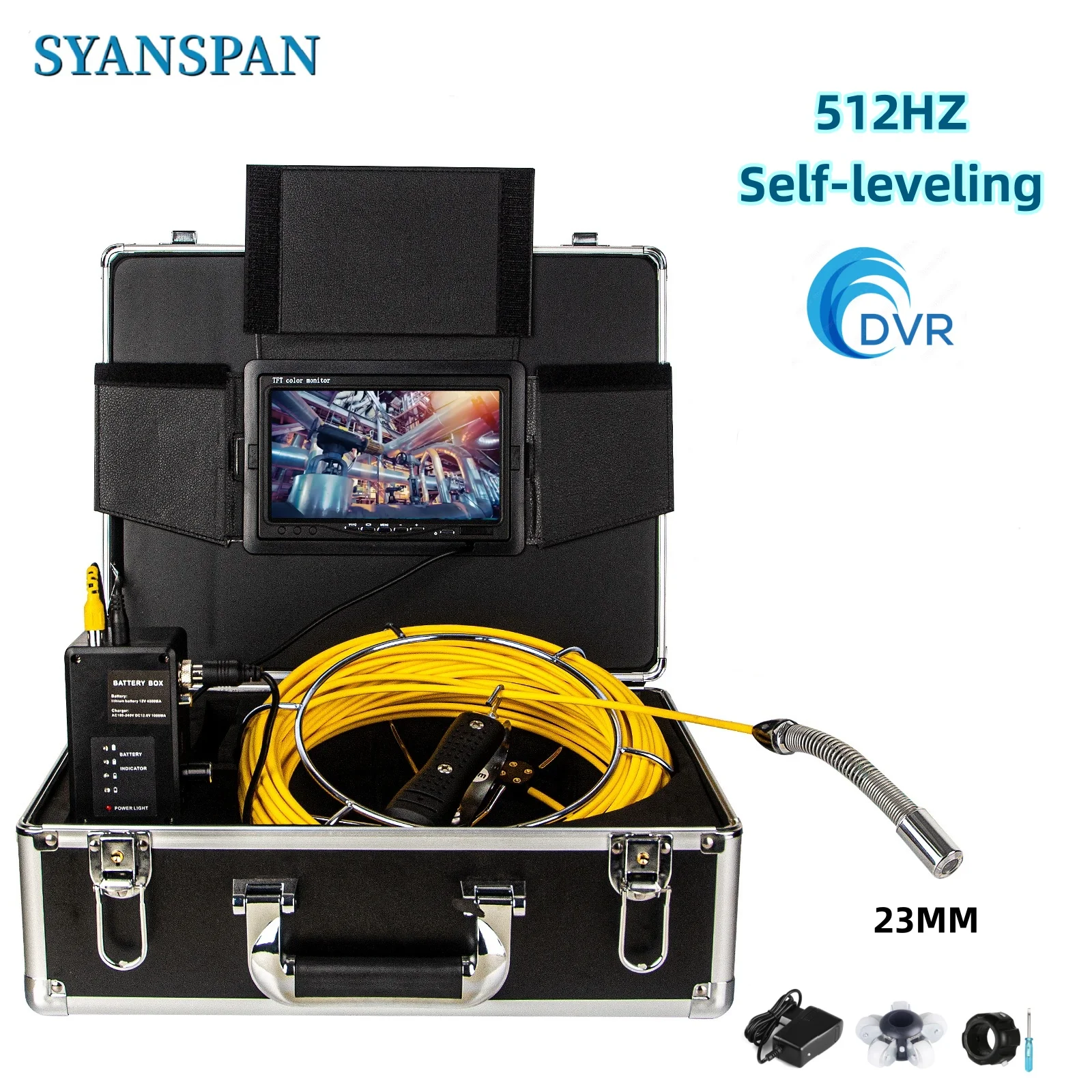 

Pipe Inspection Camera 9Inch 1080P Screen SYANSPAN 512HZ Sonde and Self-Balancing Sewer Pipeline Endoscope IP68 23MM 8GB SD DVR
