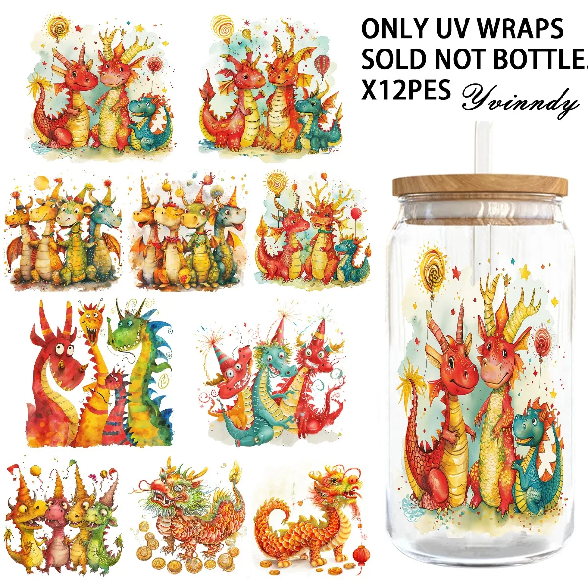 5PCS/Set Of 16OZ Cute Festival Dragon UV DTF Waterproof Film Suitable For Computer Table And Chair DIY Creativity DIY Enthusiast
