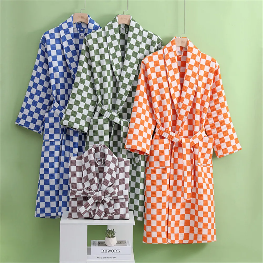 Plaid Print Waffle Kimono Bathrobe Cotton Couple Robe Casual Women Sleepwar Soft Negligee Spring Autumn Yukata Home Clothes