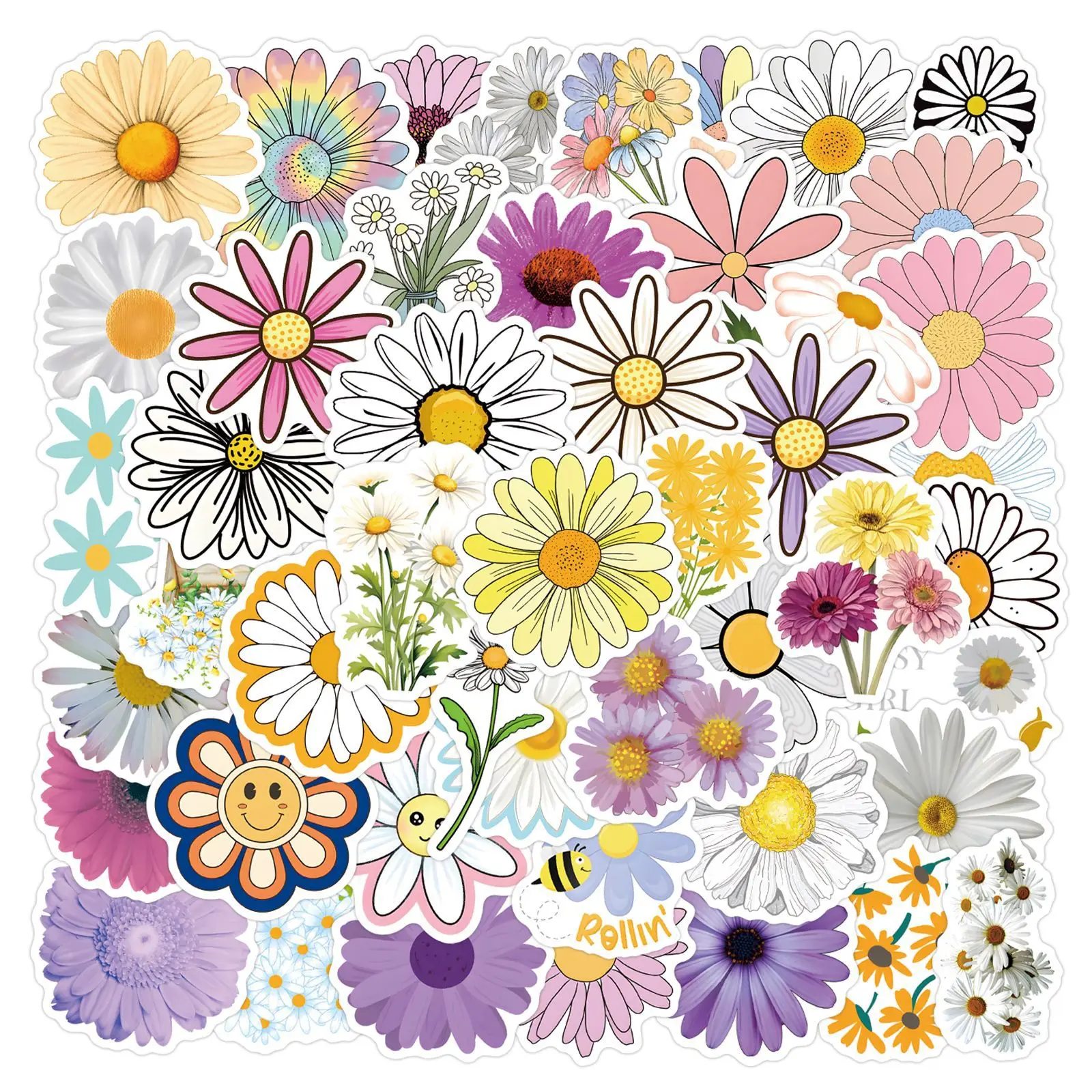 55/110PCS Cartoon Daisy Flowers Graffiti Decorative Stickers Fun Creative Decorative Wardrobe Bookshelf Guitar Bicycle Decal