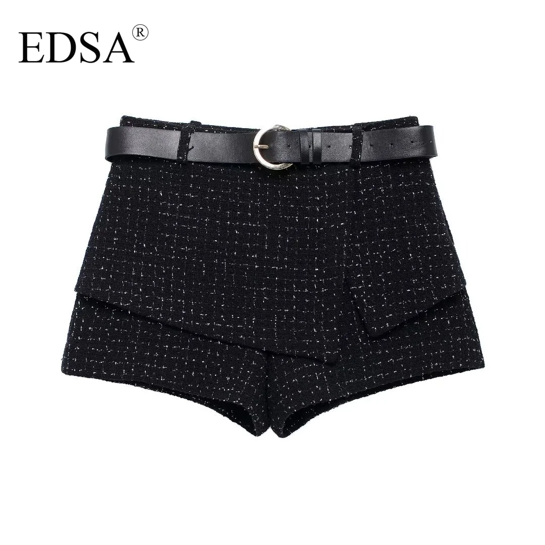 EDSA Women Black Textured Shorts Set 2 Pcs Round Neck Cropped Waistcoat & Shorts Skirt for Female Suits Streetwear