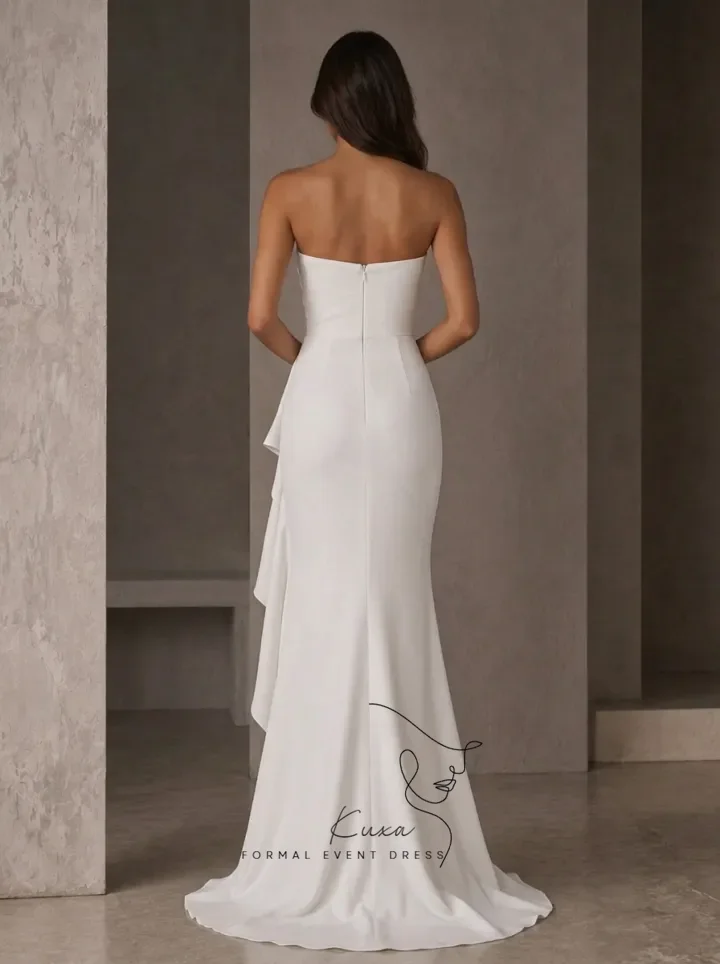KUXA Customized Strapless Mermaid Wedding Dresses Sweetheart Neck Side Ruffle Details High Slit Floor Length Bridal Gown