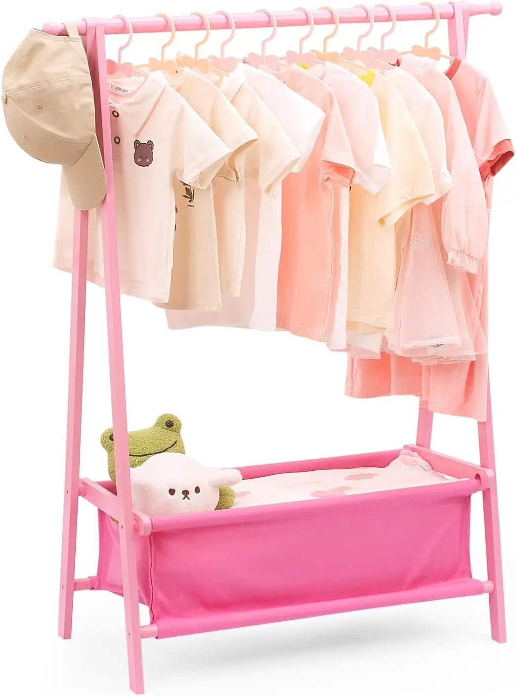 

Kids Clothing Rack with Storage, Dress Up Rack for Child Clothes, Small Garment Organizer in Pink Bamboo