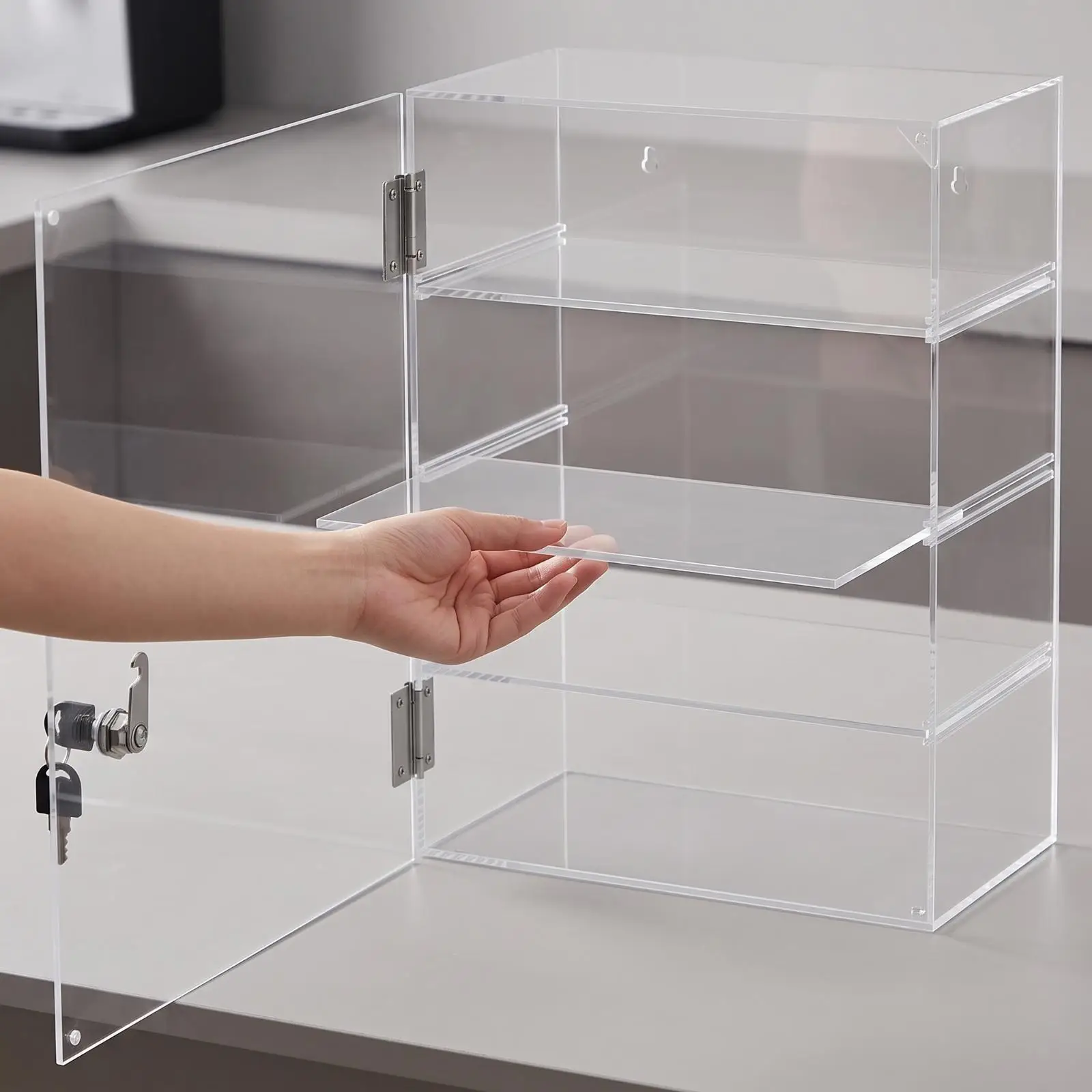 Compact Acrylic Display Cabinet Transparent Case with Key Lock for Retail Merchandise Counter Display