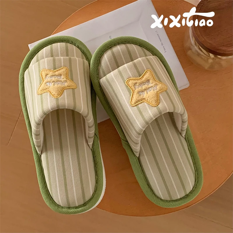 XIXITIAO Summer Cute Star Striped For Women Soft Comfort Indoor House Slides Casual Flat Shoes Open Toe Linen Cotton Slippers image 5