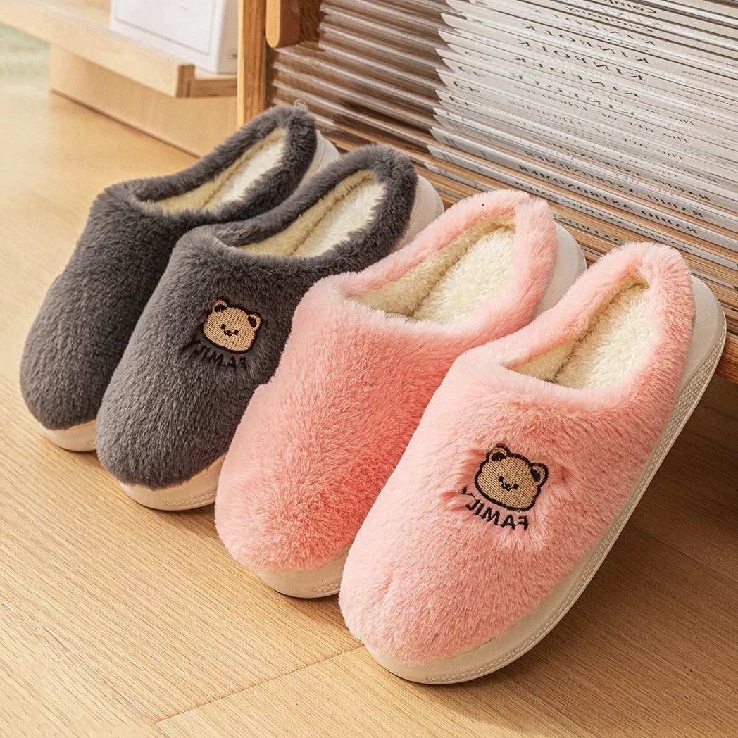 Couples Winter Home Slippers Women Shoes Cute Cartoon Bear Slipper Men Warm Plush Slides Indoor Bedroom Non-Slip Floor Flats