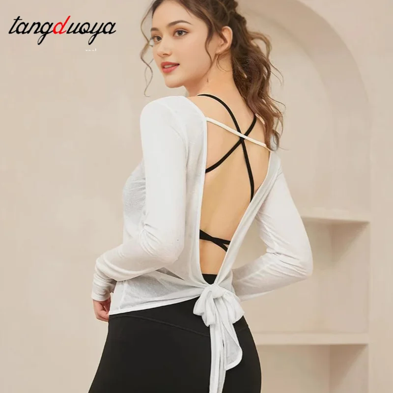 AliExpress Sexy Exposed back Sports Cover-up Women Long Sleeve Cycling Shirt Yoga Top Fitness Running Workout Bra Cover up Sportswear