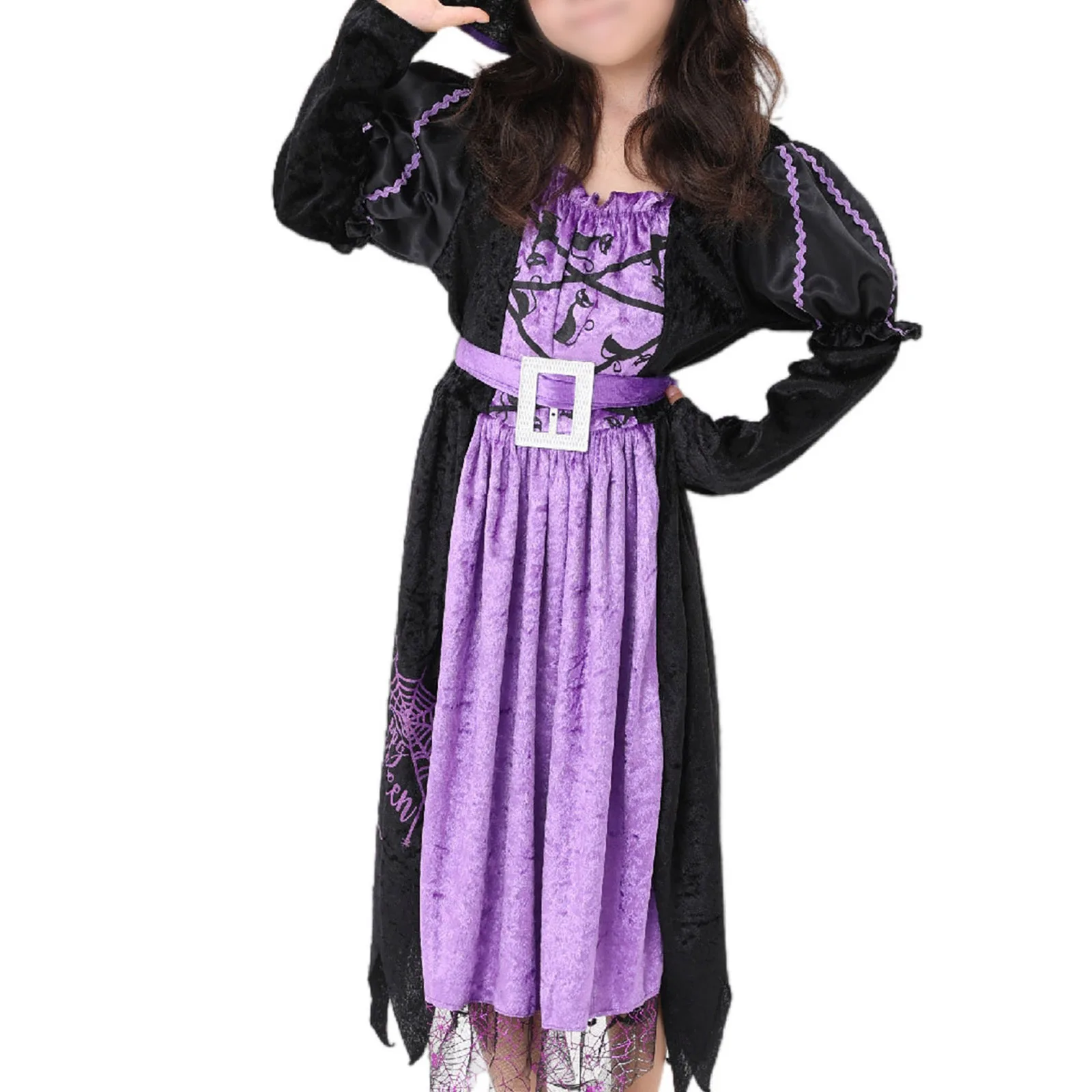 Kids Girls Halloween Witch Costume Long Sleeve Irregular Hem Dress with Waistband Witch Hat Carnival Party Cosplay Performance