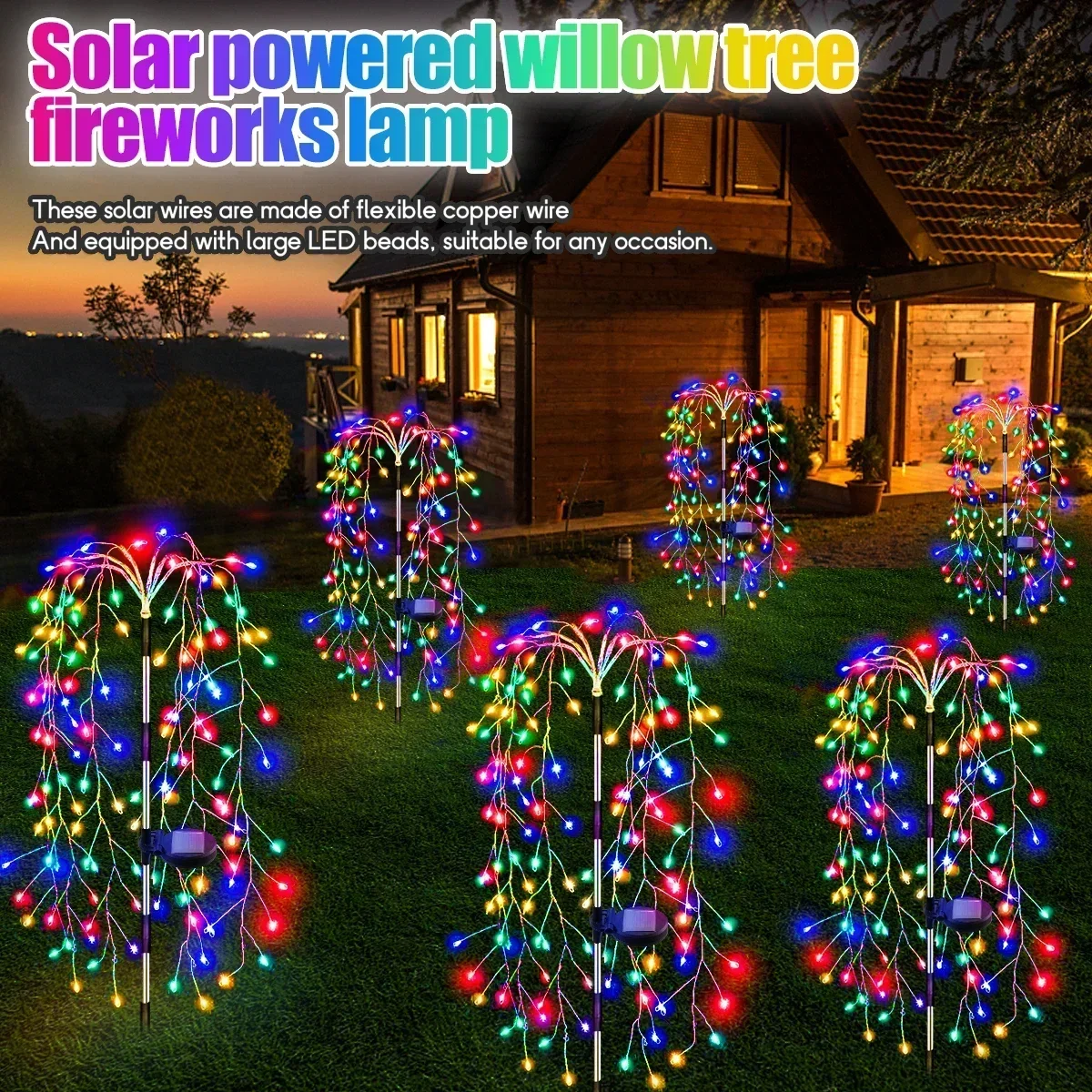 200LED RGB Solar Firework Light Outdoor Waterproof Willow Tree Firework Lights Fairy LED Garden Decoration Lawn Holiday String