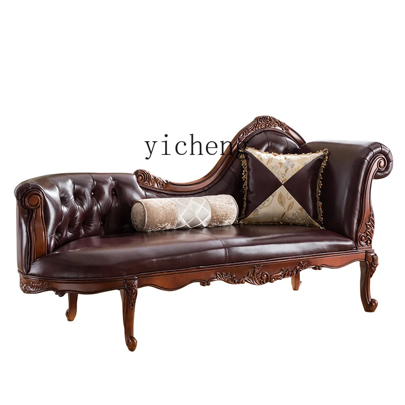 ZC Solid Wood Chaise Longue Couch Bedroom Beauty Bed Taffy Chair Leather Chaise Longue