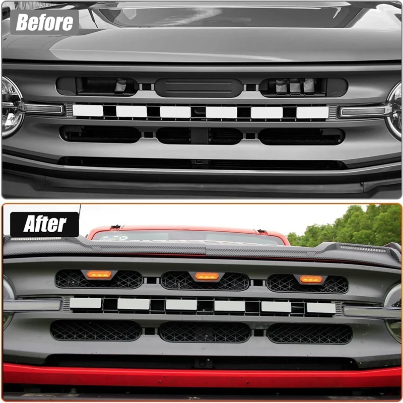 Front Grill Inserts With Amber Light For Ford Bronco 2021-2024 2/4 Door Front Mesh Grille Inserts Grills Frame Trim