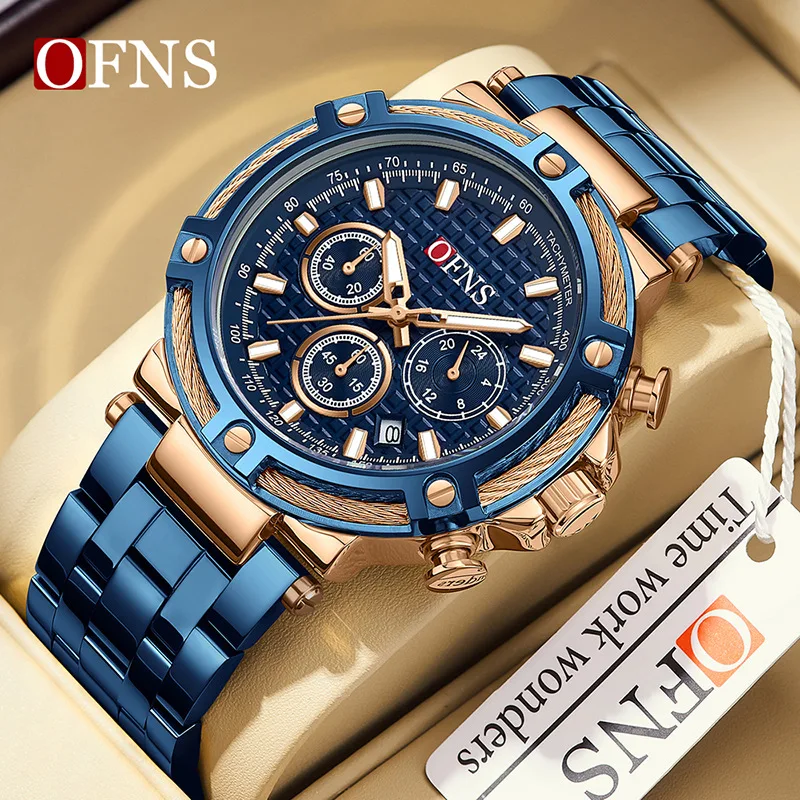 OFNS 5516 Fashion Stainless Steel Men's Quartz Business Calendar Timing Waterproof Stainless Steel Watches for Man Reloj Hombre