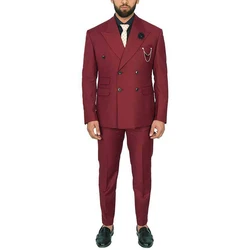 Chic Burgundy Men Suit Double Breasted Peak Lapel Regular Length Outfit Costume Homme Elegant 2 Piece Jacket Pants Set