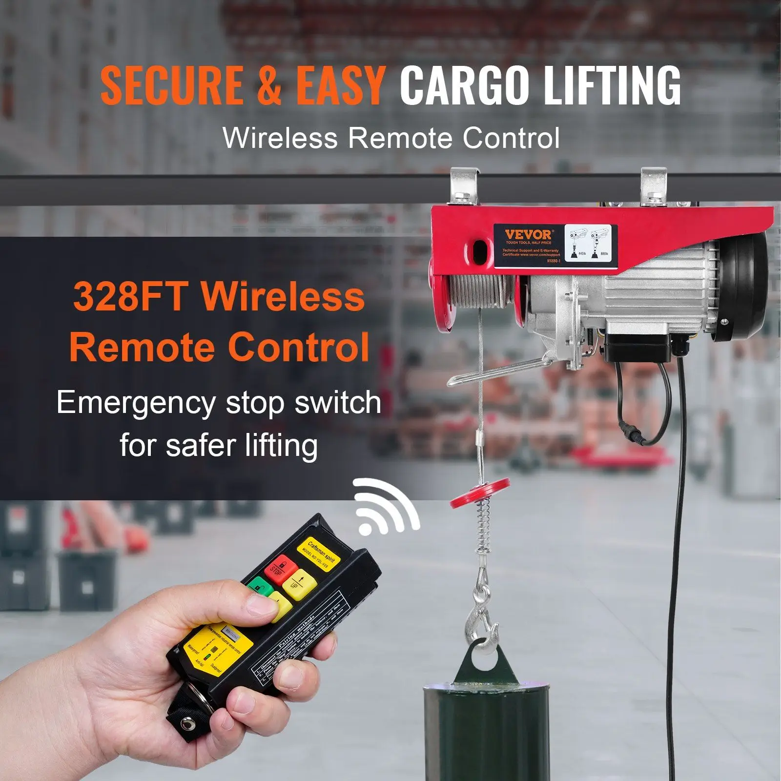 Efficient 850W Electric Hoist 880lb Load 110V 40ft Lift with Wireless Remote Control and Thermal Protection System