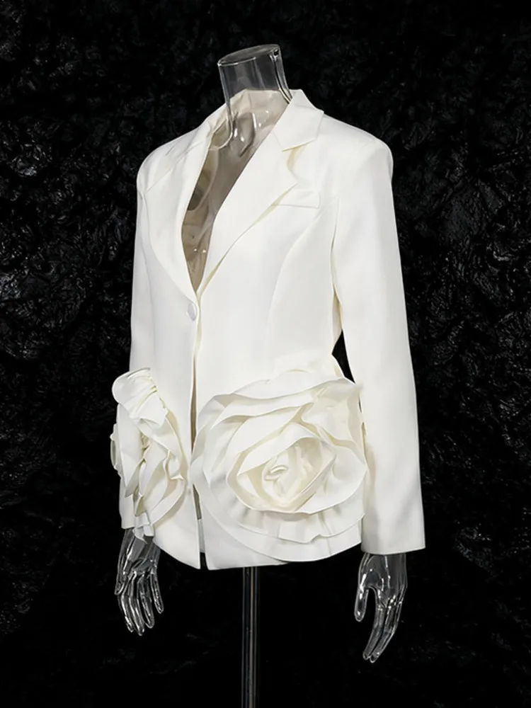 ZMEENNA femmes élégant blanc Blazer simple bouton fermeture Rose Floral à volants poche détail à manches longues vêtements d'extérieur ZM4241