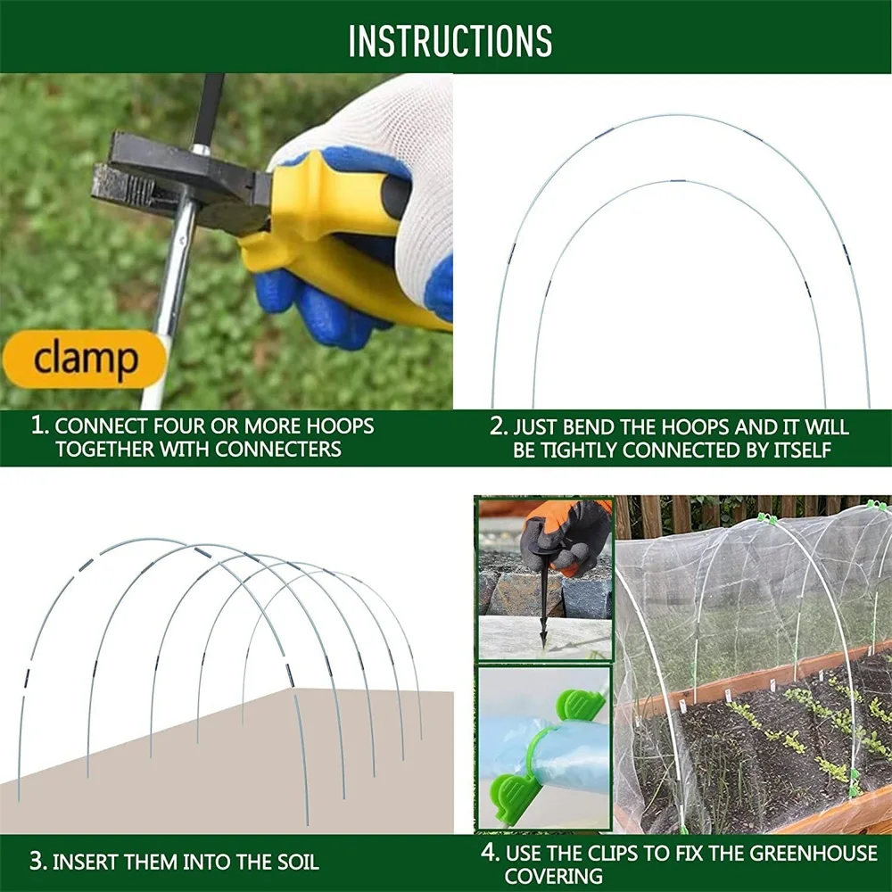 Greenhouse Hoops Grow Tunnel Garden Hoops Kit w/ Spikes Clips Detachable Fiberglass Grow Tunnel Frame Reusable Greenhouse Tunnel