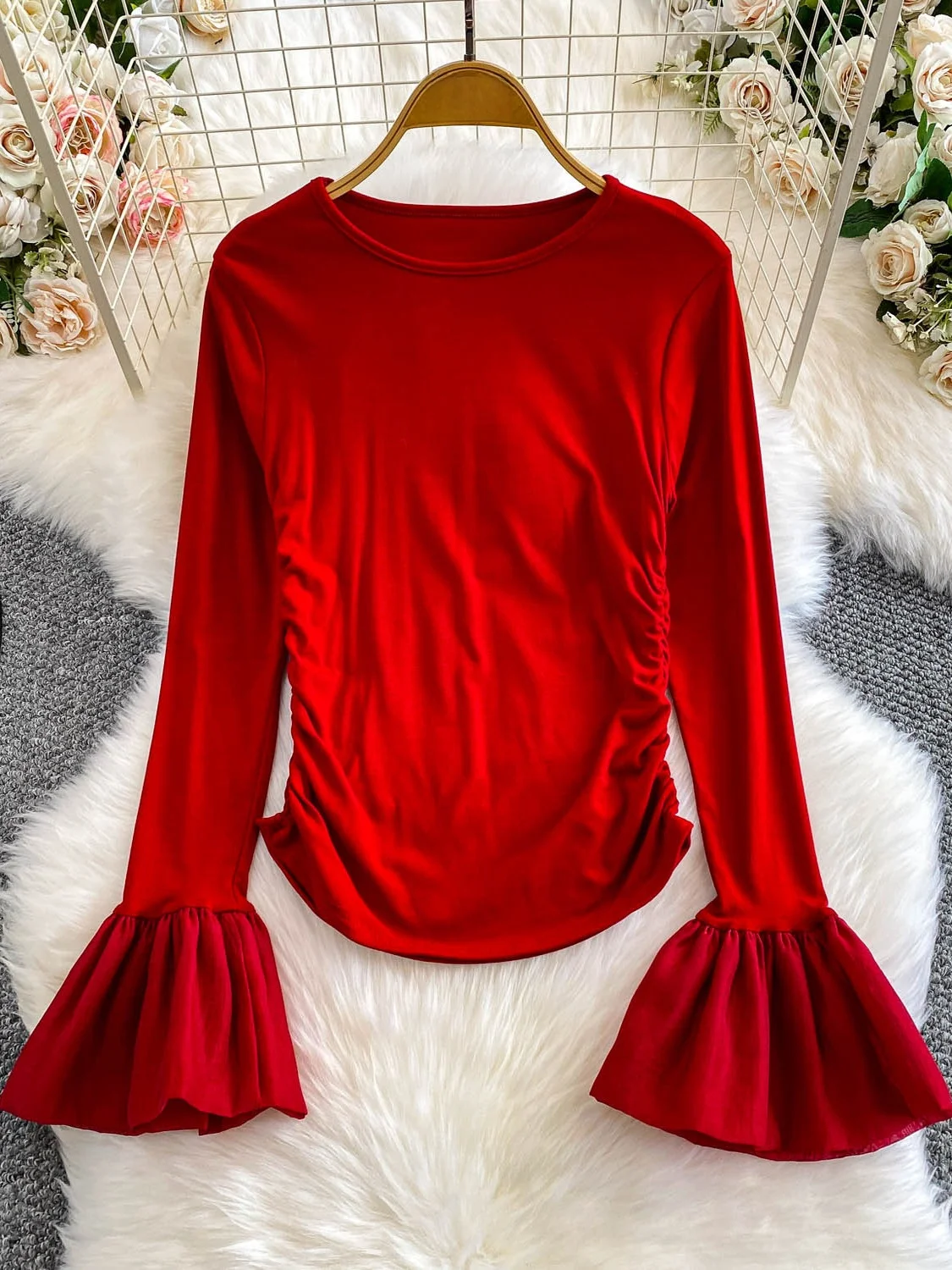 

Slim Fit round Ne T-irt Women's Spring Autumn High Waist Bell Sve Splice Base Top Anti Pilling Long Sve Casual Sle