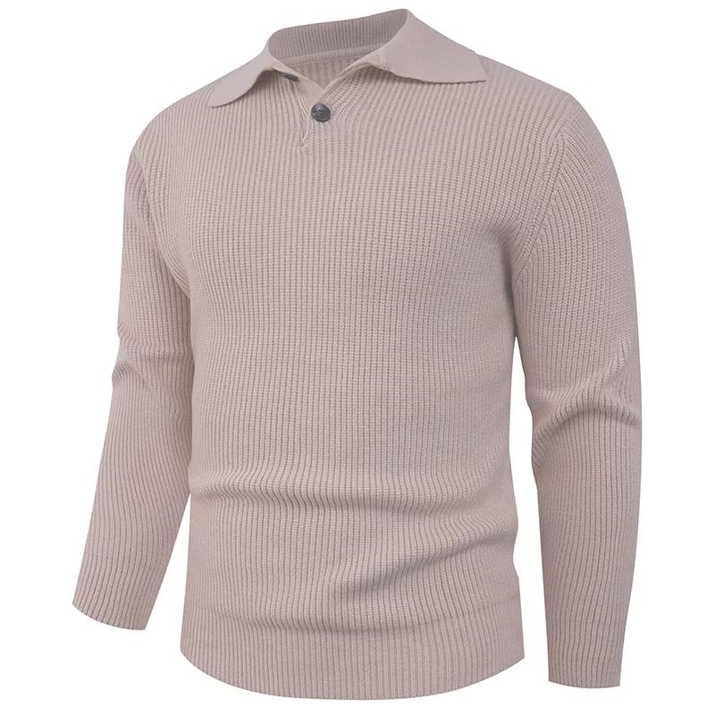 Polo Collar Knitted Sweater Men Pullover Solid Color Button Long Sleeve Casual Top