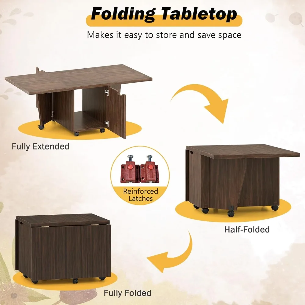 접이식 커피 테이블, 수납 캐비닛 및 바퀴가 있는 48인치 접이식 확장형 센터 테이블, 롤링 사이드 테이블, 미드 C