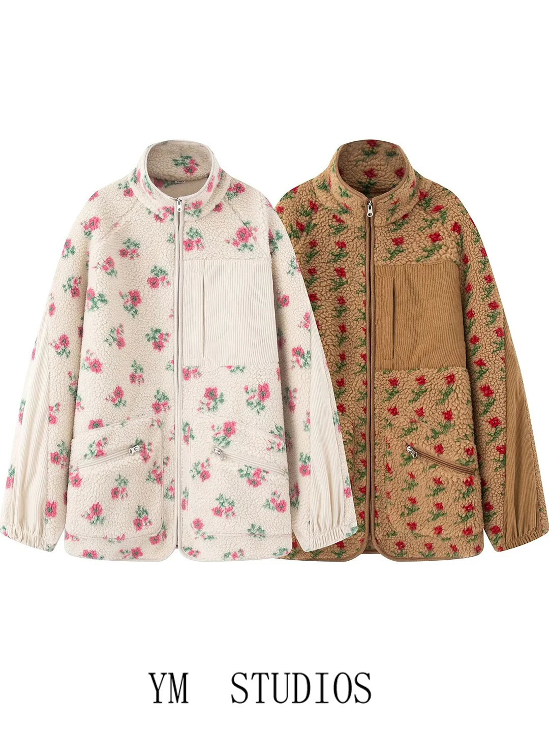 Retro Floral Fleece Zipper Hoodie Jacket Women's Loose Fit Stand Collar Sweatshirt Outerwear Autumn Country Style Long Sleeve