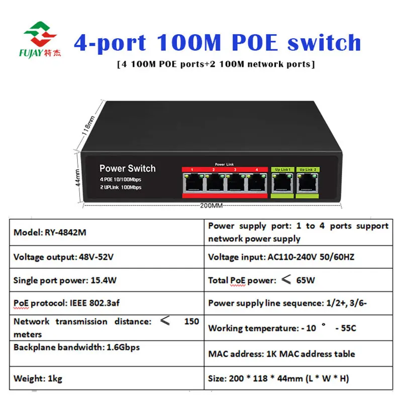 Ethernet switch 4 port poe 100 mbps switch managed 2 Port RJ45 100Mbs Network POE Switch For IP Camera CCTV Camera System