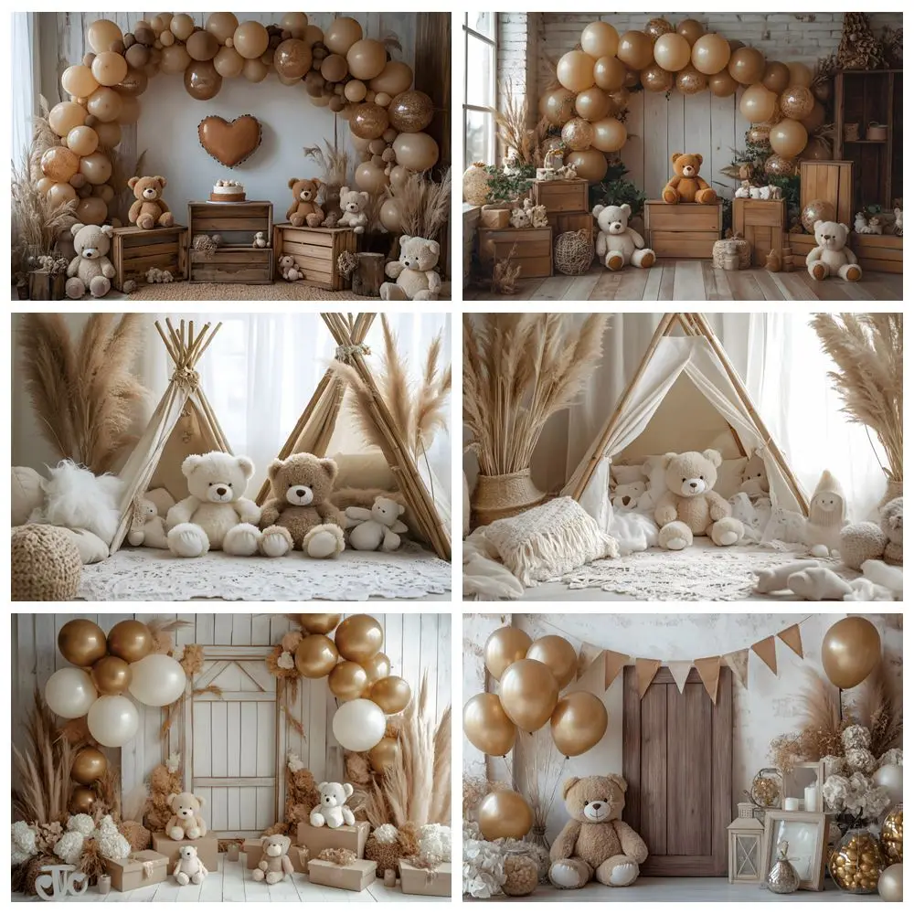 

Boho Toy Bears Room Backdrop Balloons Wood Wall Tent Baby Shower Kids 1st Birthday Party Photography Background Photo Studio