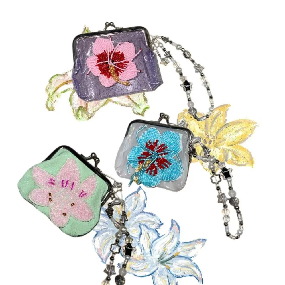Sweet Y2K Assorted Styles Mini Clasp Purse Handcraft Ornament Coin Bag Girls Daily Small Wallet Beaded Wrist Chain Accessory