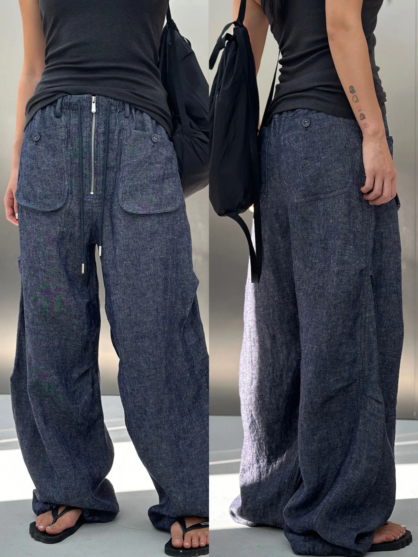 

Женские повседневные брюки Bodhl с высокой талией и широкими штанинами, из тканого денима и льна, свободного кроя, с завязками, для отдыха