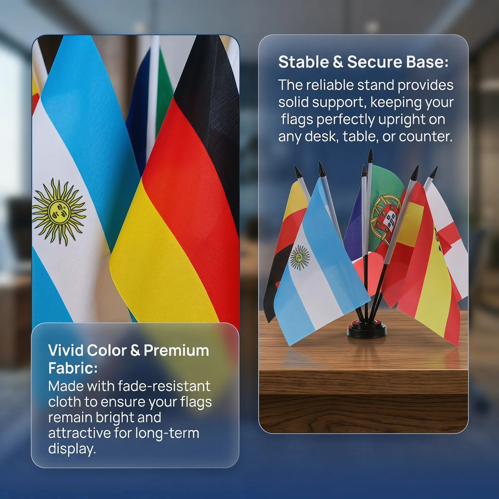1Set World Flag Desk Set Mini Flags Spain France Portugal England Argentina Germany Stable Stand Base Table Decorations Sports