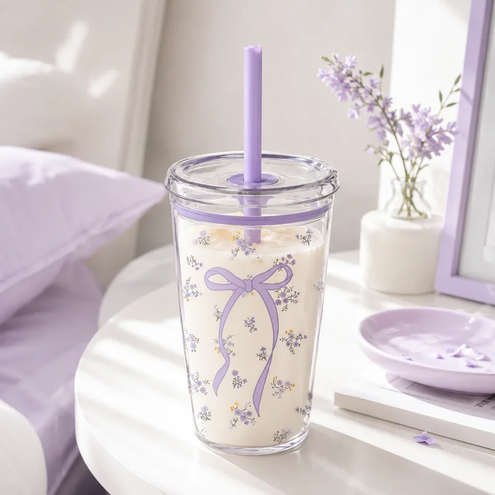 Kawaii Bowknot Water Bottle 16oz Cute Tritan Iced Coffee Tumbler With Straw Boba Tea Juice Matcha Resuable Clear Drinking Bottle