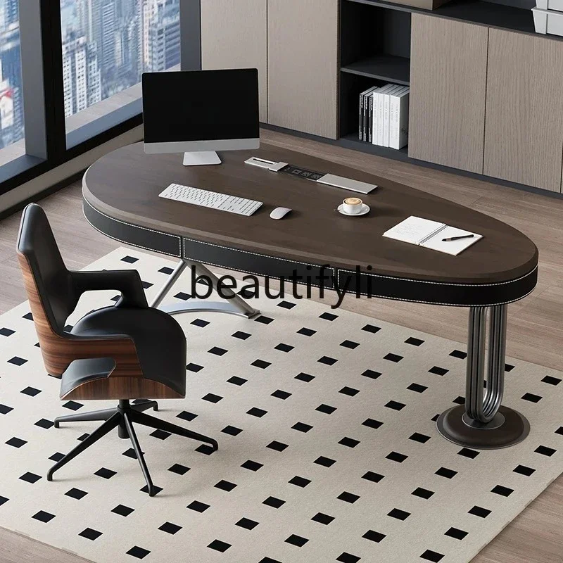 3Light luxury minimalist saddle leather solid wood desk household slate desk high-end computer desk