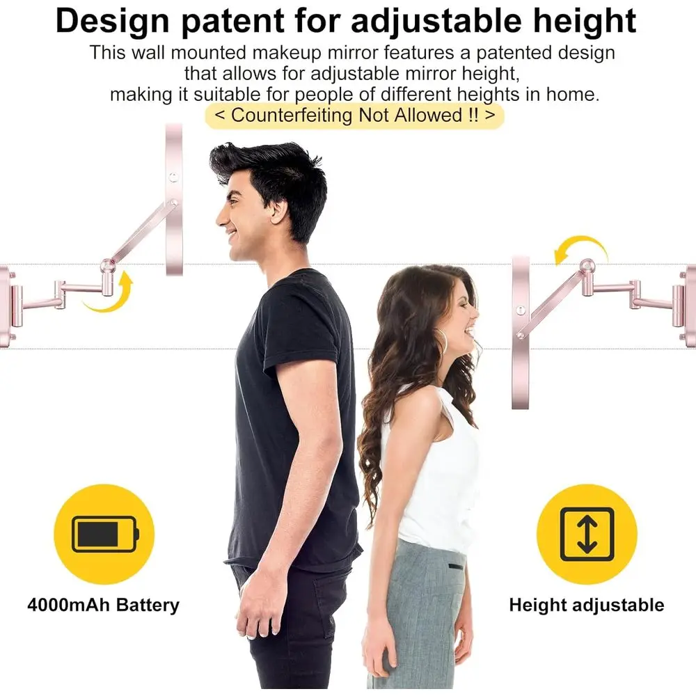 9 مرآة مكياج مثبتة على الحائط مضيئة LED مع تكبير مزدوج الجوانب قابل لإعادة الشحن، 360 درجة ° ذراع دوار، قابل للتعتيم باللمس، 3 ألوان #2
