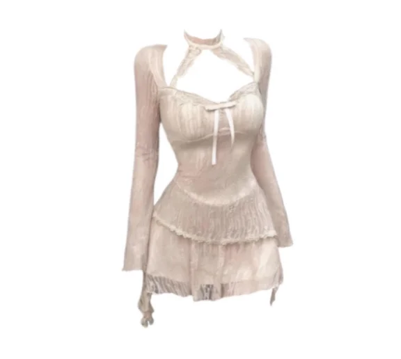 Women Autumn Sweet Bow Halter Neck Lace Sexy Dresses Fashion High Waist Versatile Age Reduction Irregular Long Sleeve Dress