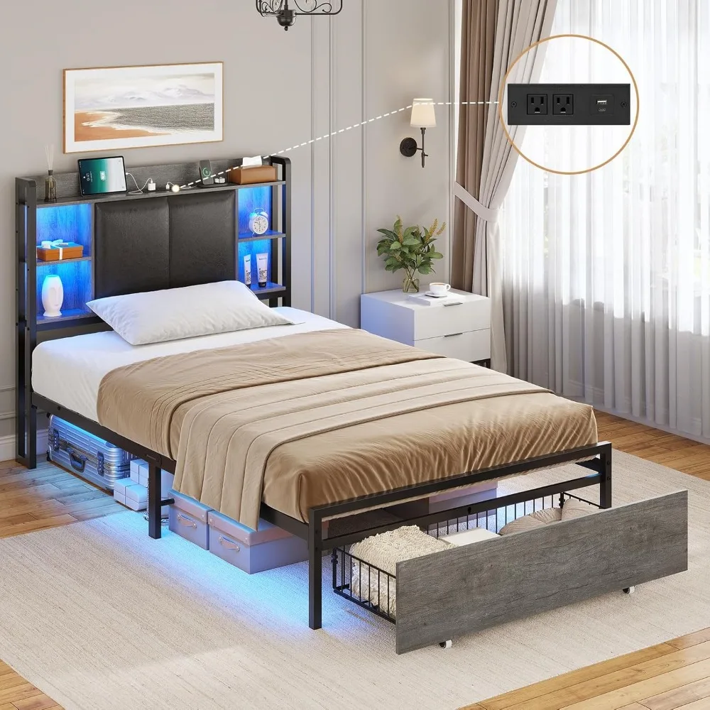 

Twin Bed Frames with Headboard and 2 Storage Drawers, Twin Bed Frame with Charging Station and Led Lights,No Box Spring Needed