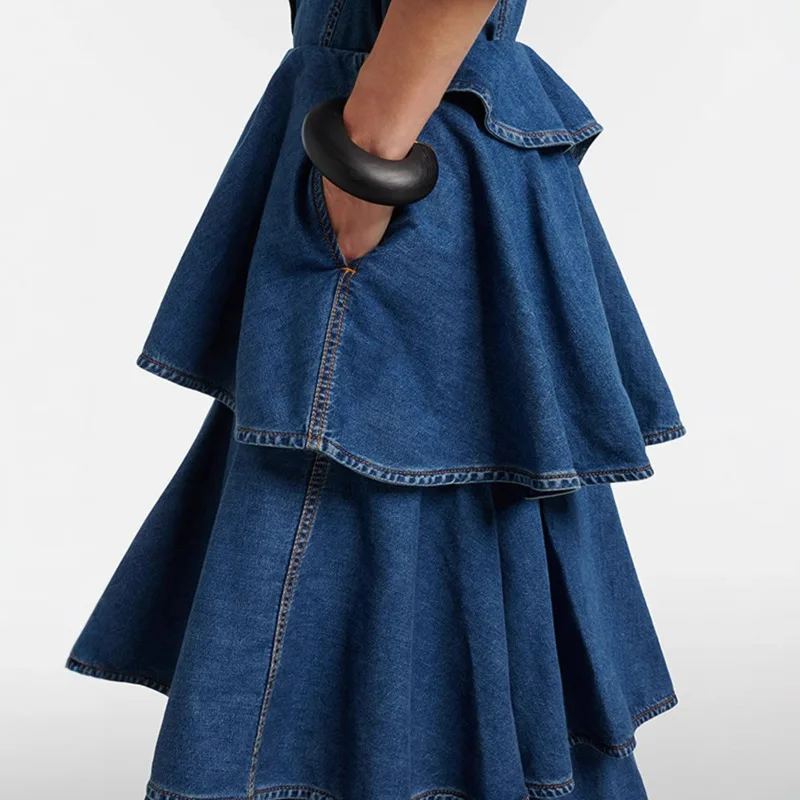 EAEOVNI luxe bleu Denim jupe pour femmes plis volants Patchwork conception asymétrique une ligne jupes longues Streetwear 2025 nouveau