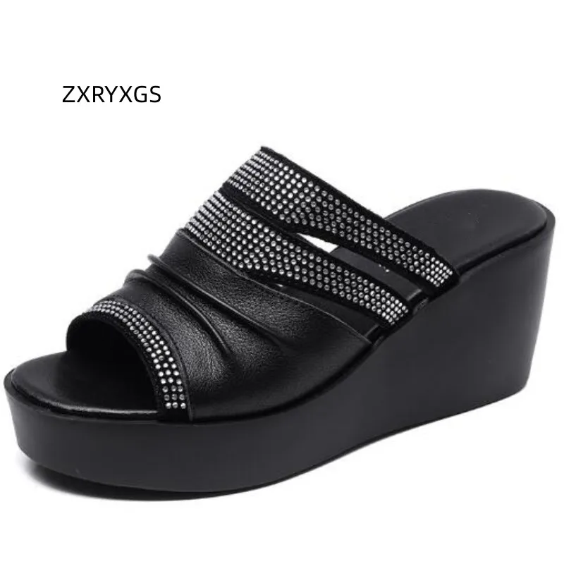 ZXRYXGS 2024 Premium Cowhide Rhinestone Summer Leather Sandals Fish Mouth Roman Sandals Platform Wedges Heel Shoes Women Sandals