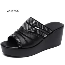 ZXRYXGS 2025 Premium Cowhide Rhinestone Summer Leather Sandals Fish Mouth Roman Sandals Platform Wedges Heel Shoes Women Sandals