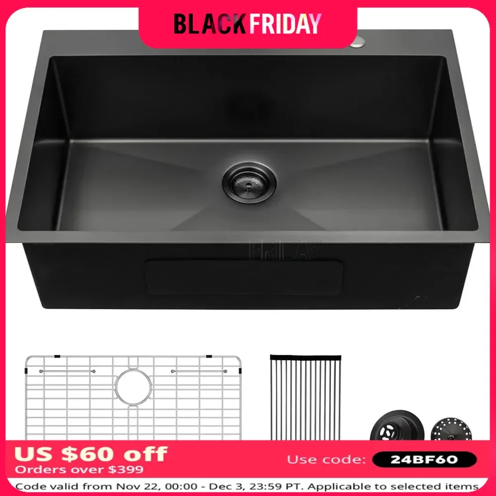 Black Kitchen Sink 16 Gauge Stainless Steel Drop In Kitchen Sinks R10 Tight Radius Round Corner Single Bowl 33 Inch