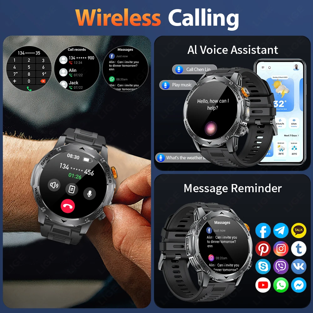 LIGE Military Grade 1000mAh Battery Smart Watch IP68 Waterproof GPS Tracker Bluetooth Call AMOLED HD Men Sports New Smartwatch