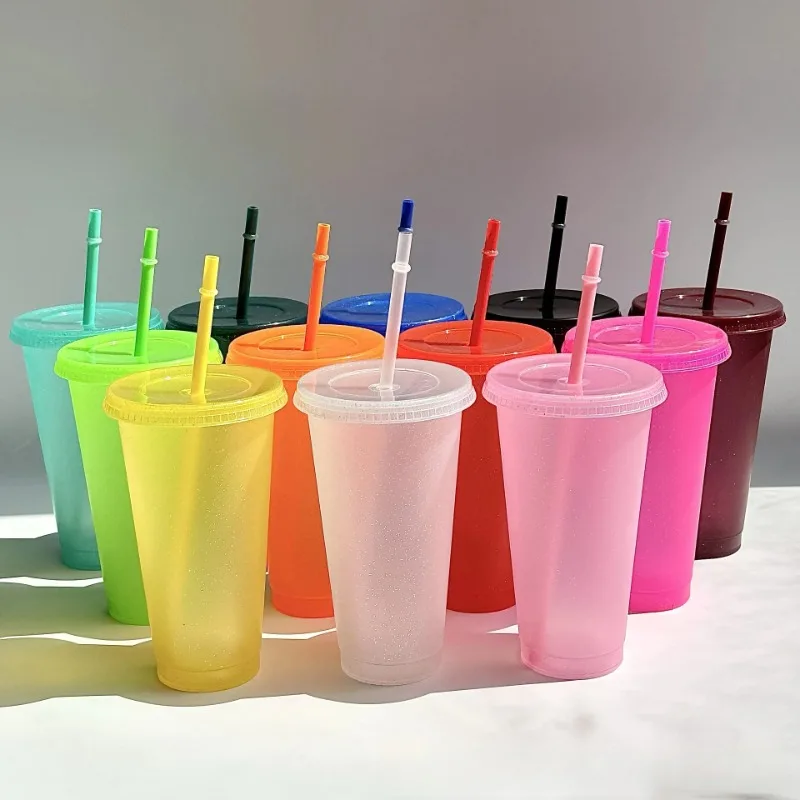 Vasos de plástico de 24oz con tapas y pajita, botella de agua reutilizable, vasos fríos para fiesta, vaso de plástico duro, vajilla de verano para fiesta de boda, 5 uds.