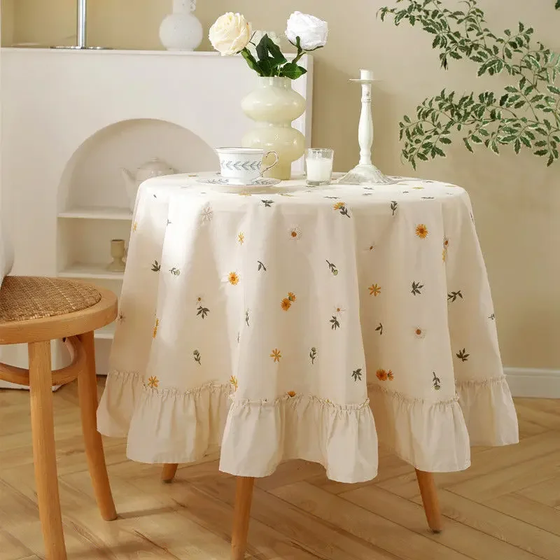 Table Cloth Round Flower Embroidery Pastoral Style Table Cover Dining Table Decoration Ruffle Simple Tablecloth Diameter 150cm