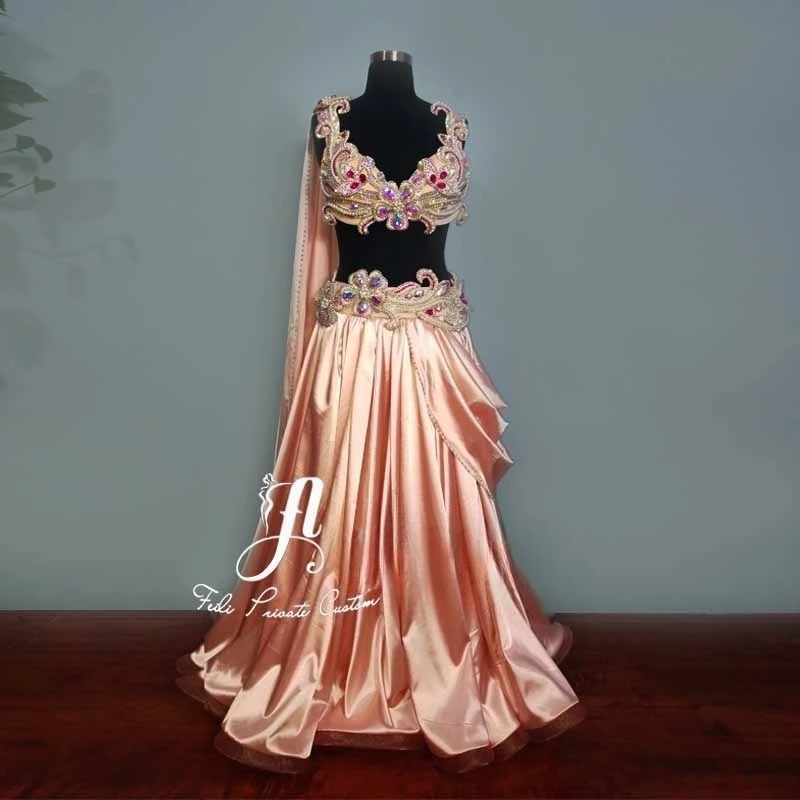 

Customized Belly Dance Competition Performance Dress Elegant Flower Bra Waist Cover Big Swing Skirt Female Exotic Dancewear