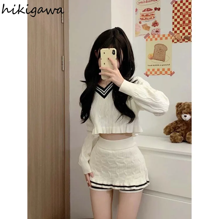 Knitted Outfits Fashion Two Piece Sets Women Clothing V-neck Cropped Pullovers Bodycon Mini Skirt Suit Casual Sweet Y2k Set