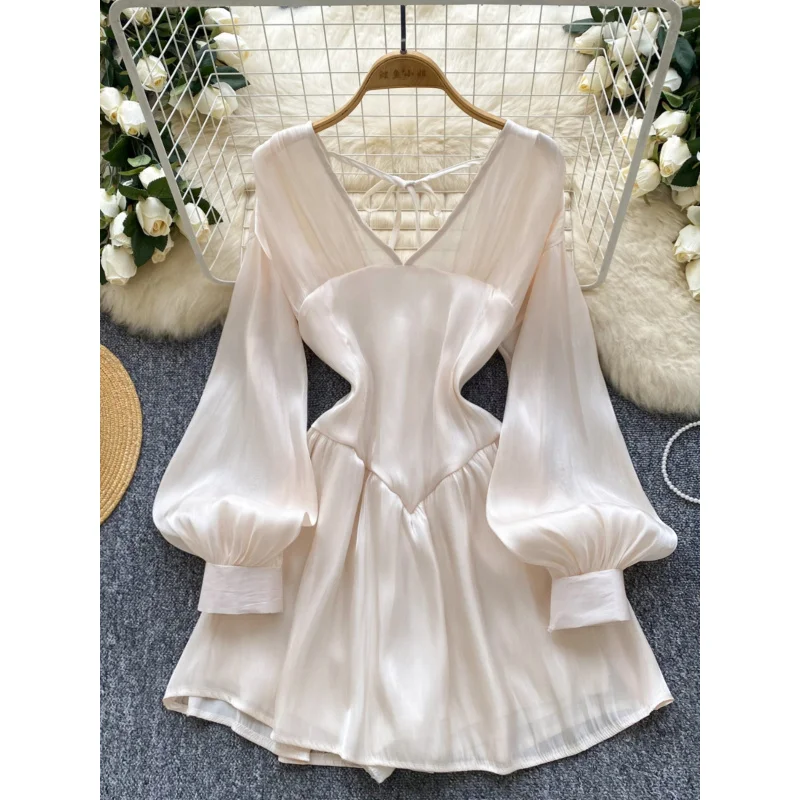 

French Gentle TemperamentVLantern Sleeve Flowing Satin Dress for Women with Unique Design, Backless, Tie Waist, Short Dress
