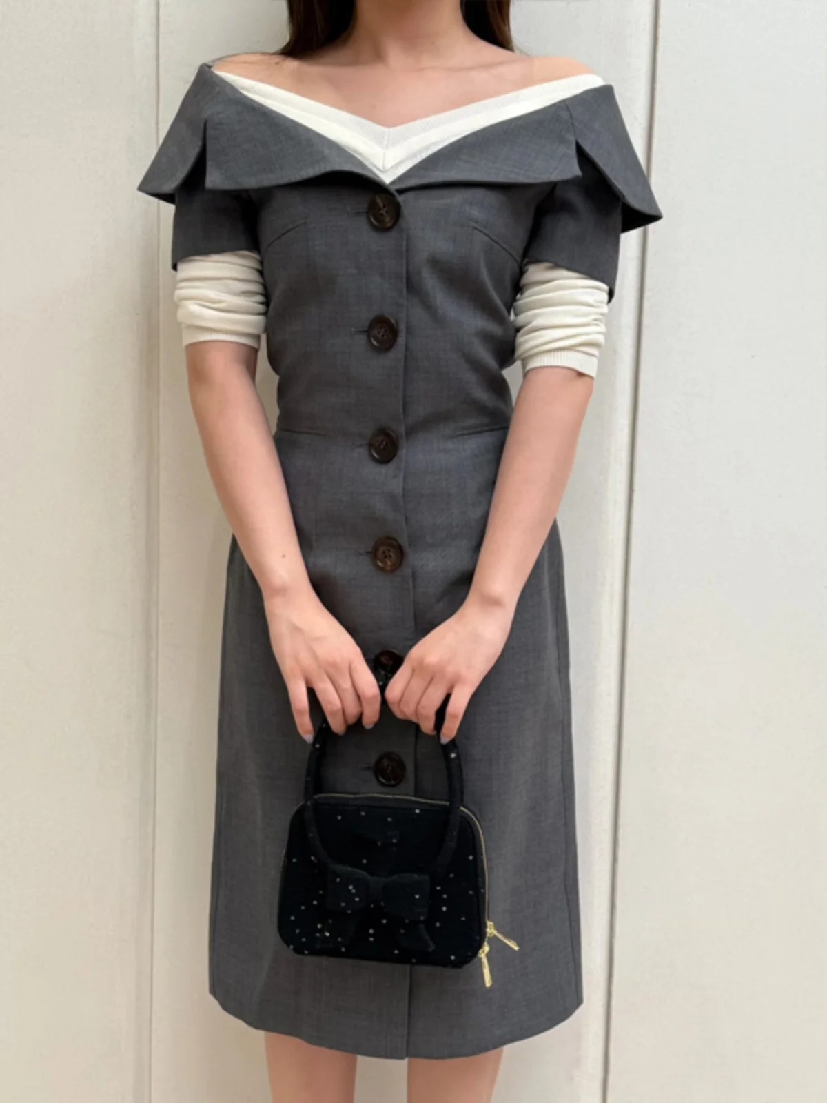 

Shushuto Shanghai 25ss One Shoulder Notch Lapel Slim Fit Single Button Suit Dress Casual High Waist Wool A-Line Skirt