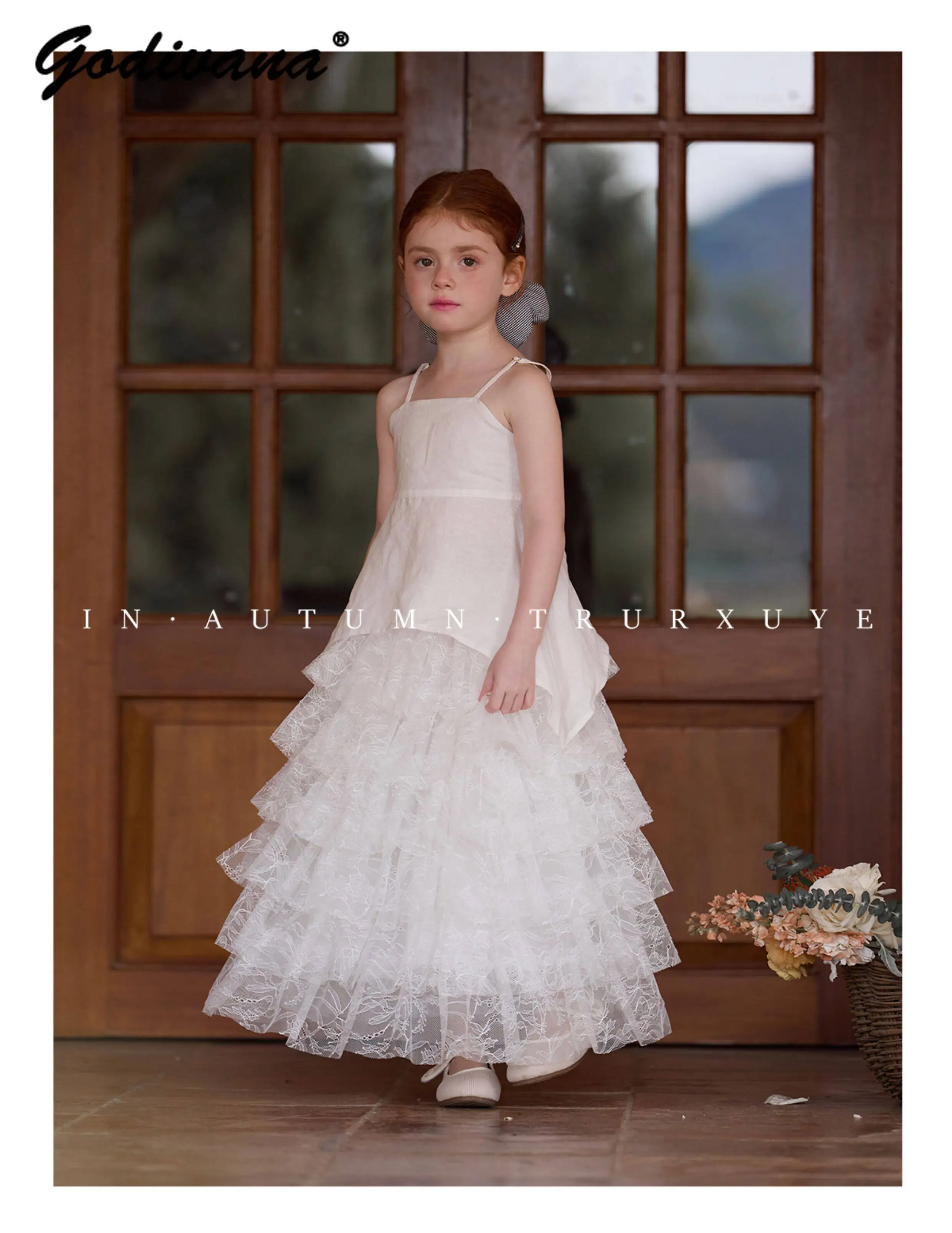 Little Girls 2026 Summer New French High End Linen Irregular Camisole Top Heavy Handmade Lace Embroidery Cake Skirt 2pcs Set