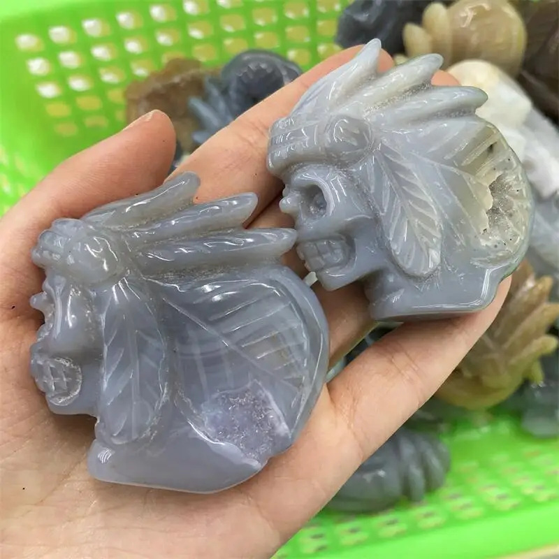 Natural Agate Indian Chief Head Crystal Carved Christmas Feng Shui Home Decoration Healing Holiday Presents 1pcs