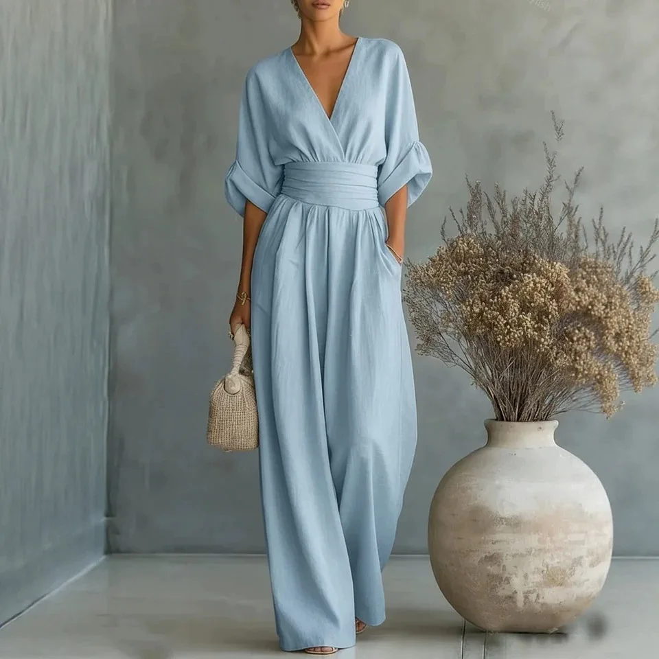2026 European And American Cross-Border Spring/Summer New Amazon Elegant Waist-Cinching Neck Stylish Women's Jumpsuit