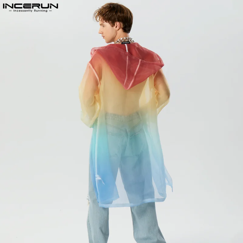 American Style Handsome New Men Gradient Mesh Hooded Cardigan Trench Casual Sexy Male Hot Selling Trench S-5XL INCERUN Tops 2023